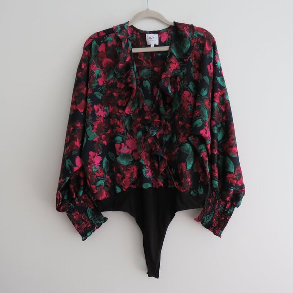 MISA LOS ANGELES Talah Floral Ruffle Satin Bodysuit Boho Romantic - Size L - Picture 3 of 16